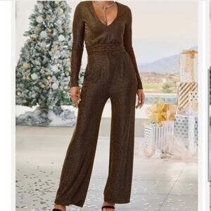 Boston Proper Jumpsuit Glitter V Neck Brown / Gold NWOT Size: XL